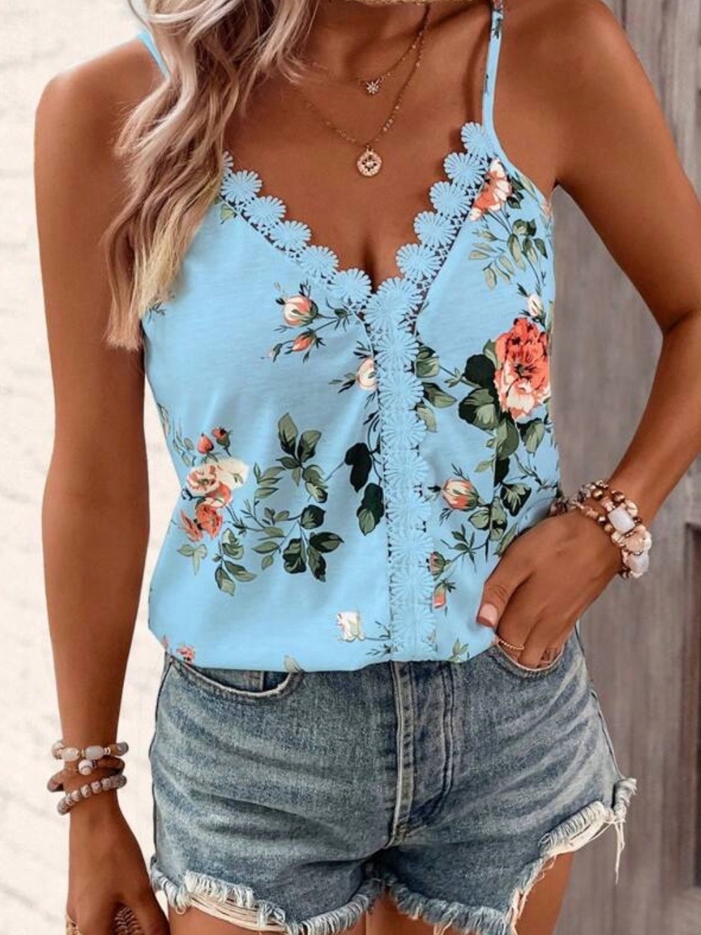 New blue floral spaghetti Strap cami top - Picture 4 of 7
